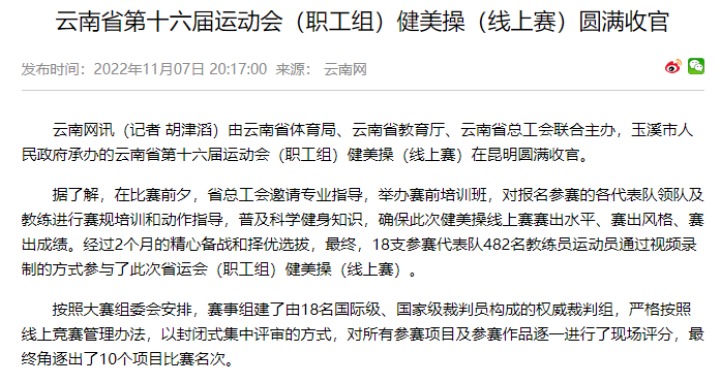 热烈祝贺！云煤（鸿运国际）集团在云南省第十六届运动会（职工组）健美操（线上赛）中斩获佳绩